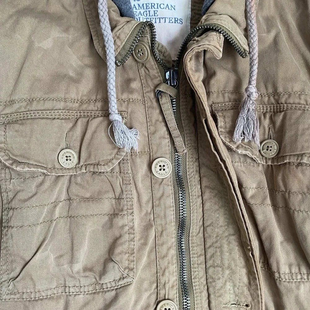 Vintage American Eagle Hooded Utility Field Jacket Size L Brown Canvas Military